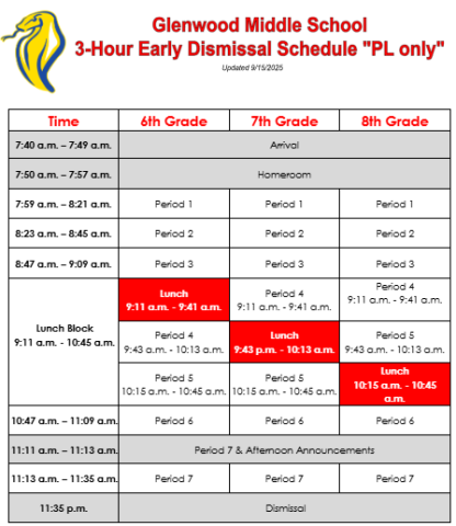 3 hour early dismissal SY2025-26 - Schedule PL only - updated 10-27-25.png